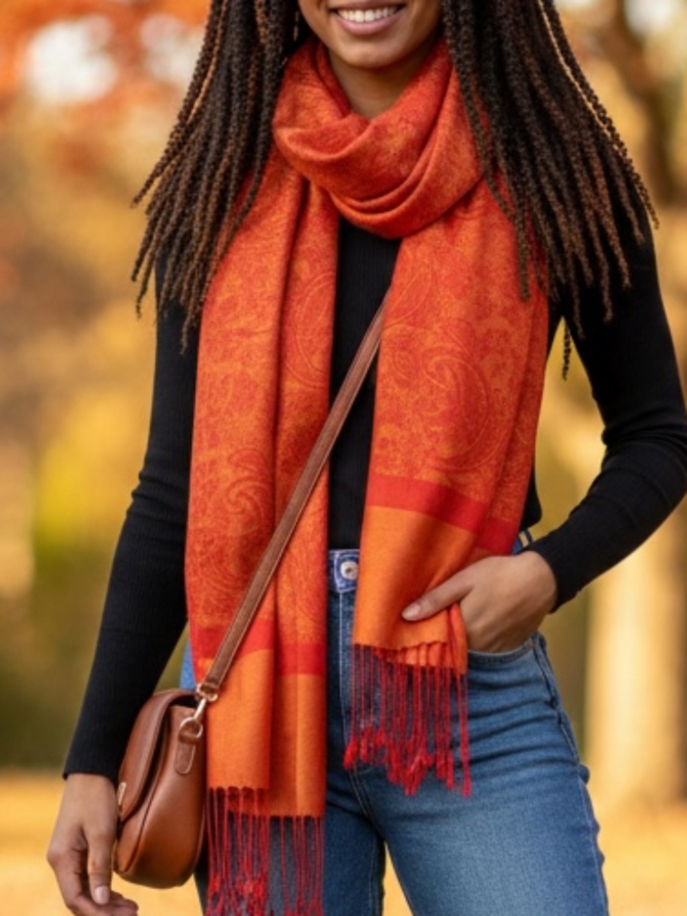 🤩 Vibrant Orange Paisley Jacquard Pashmina Scarf Shawl Wrap